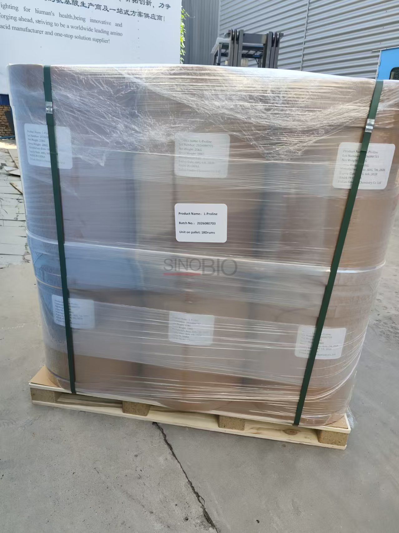 Bulk L-Proline amino acid packaging on pallet for export shipment Bulk L-Proline amino acid packaging on pallet for export shipment