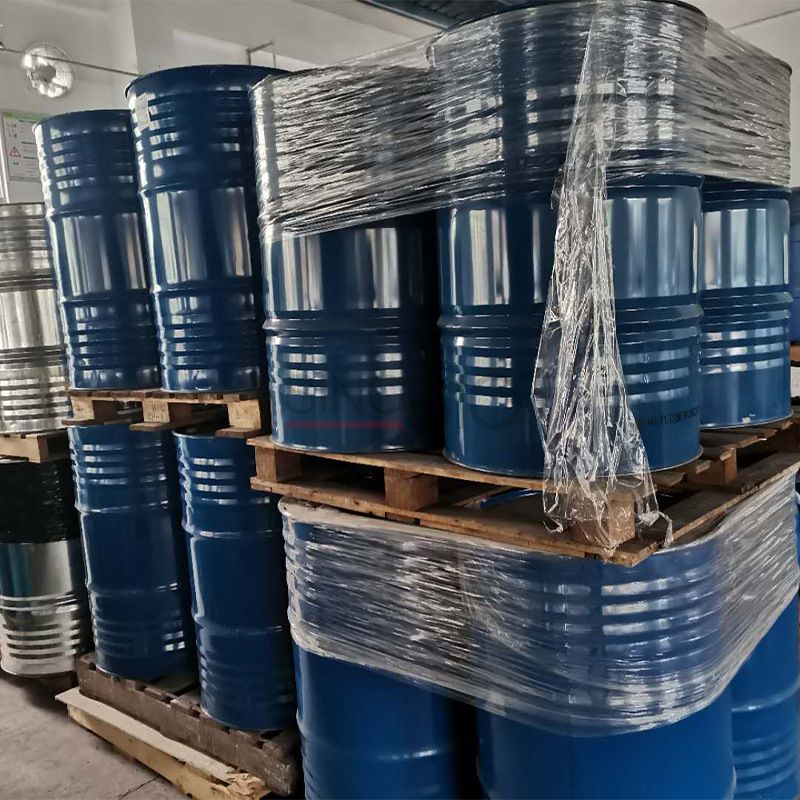 2-Butoxyethanol Drums in Chemical Warehouse 2‑Butoxyethanol blue steel drums stacked on pallets in chemical warehouse