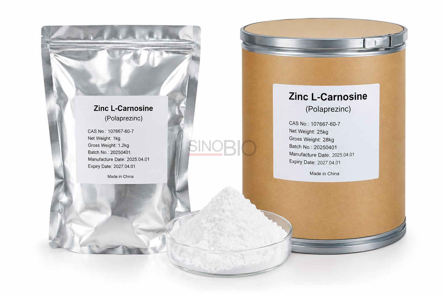 Zinc L-Carnosine Aluminum Foil Bag and Paperboard Drum Packaging Zinc L-Carnosine Polaprezinc aluminum foil bag and paperboard drum packaging