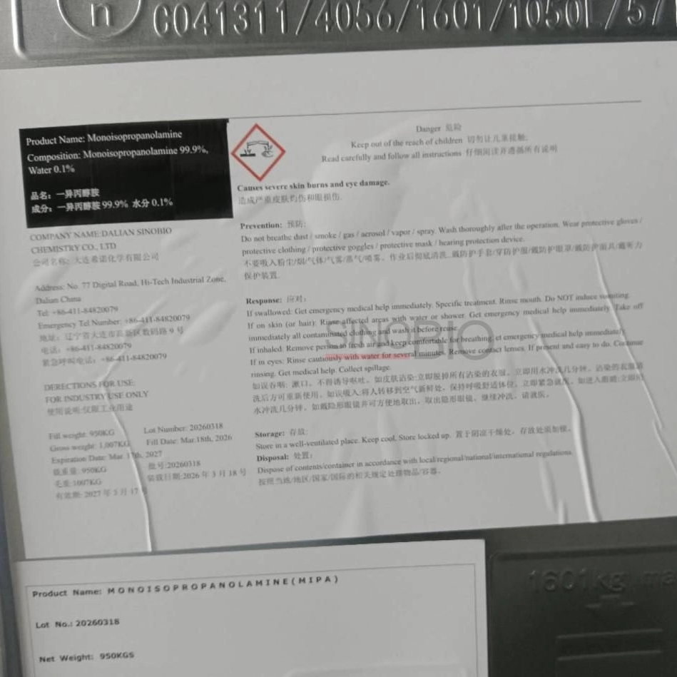 Wholesale Industrial Grade MIPA Monoisopropanolamine CAS 78-96-6 for Cement Additive & Metalworking Fluid